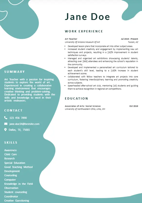 Art Teacher Resume Example