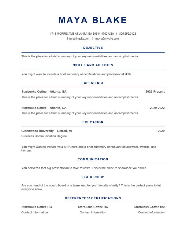 Free Word resume template, clean single-column design with skills, experience, and education, available at MyResumeStar.com