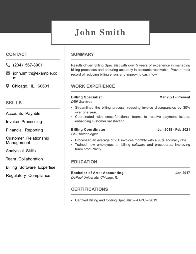 Billing Specialist Resume Example