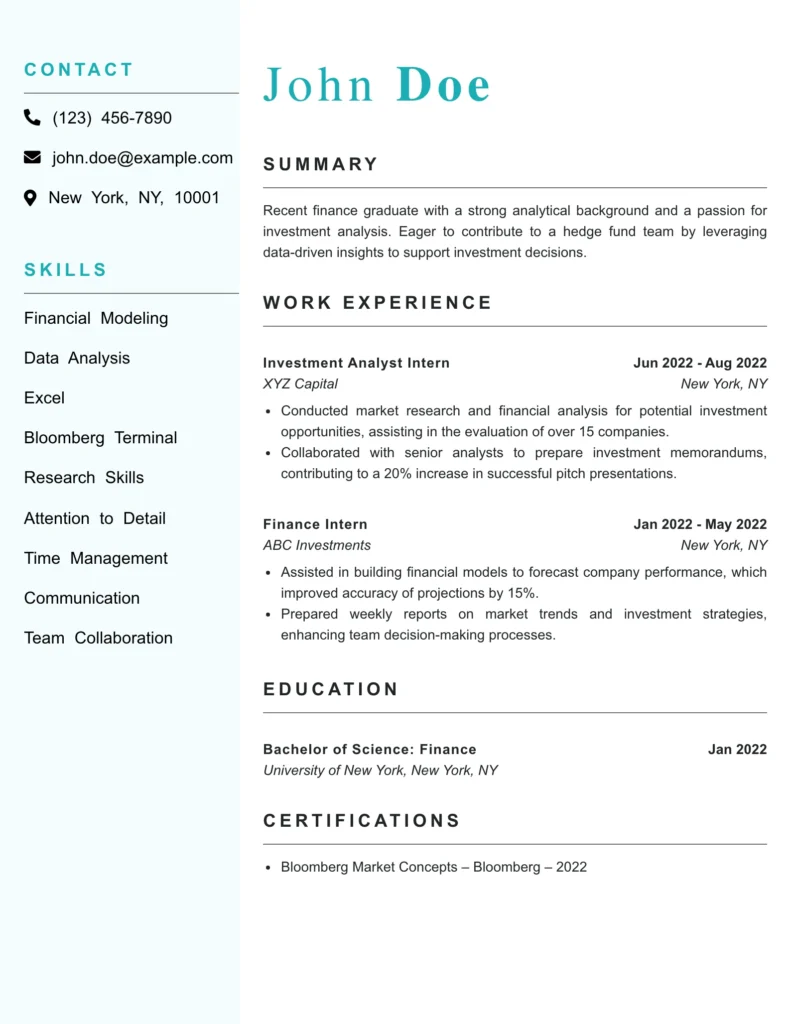 Top Resume Example for young Hedge Fund Analyst professional
