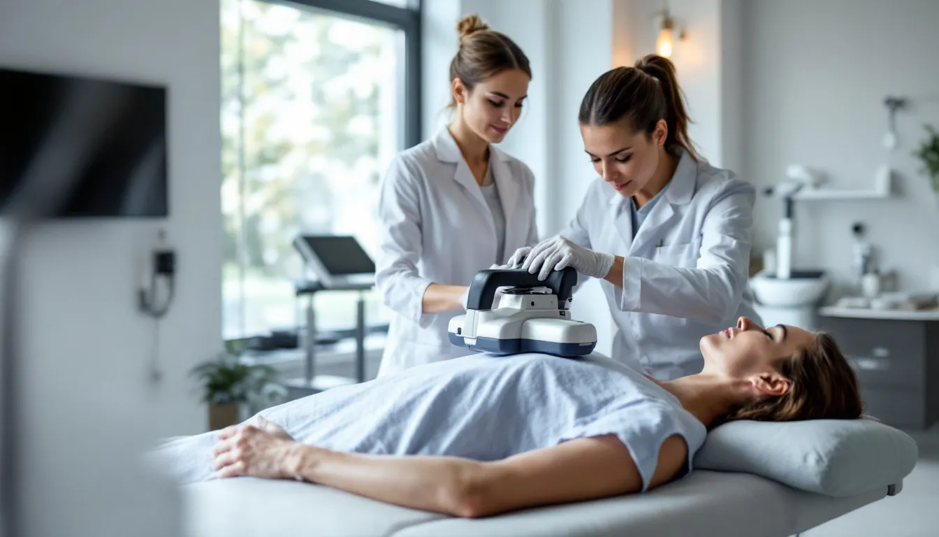 Featured image showing Chiropractic assistant helping a patient with therapeutic equipment in a clinic.
