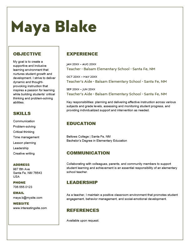 Free teacher resume template Word, clean two-column resume format in word, available at MyResumeStar.com